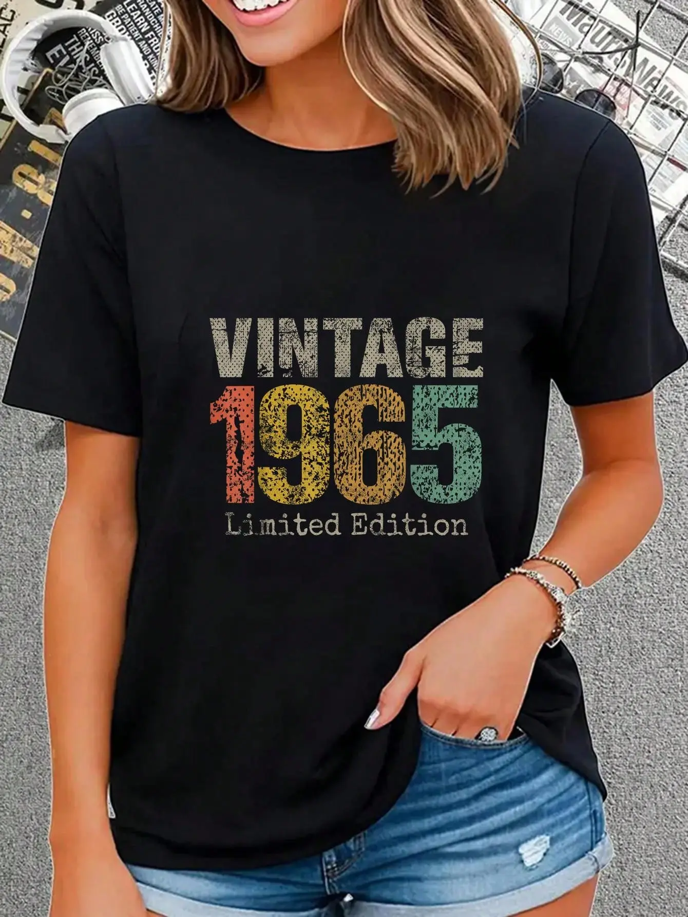 Women's 1965 Vintage Graphic T-Shirt, 100% Cotton Round Neck Short Sleeve Top, 60th Birthday Gift Streetwear, Shortsleeve, Everyday