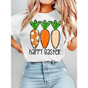 Women's Cotton Cartoon Carrot Print T-Shirt - Lady's Streetwear Top, Short-Sleeve Round Neck, Comfortable Casual Tee for Easter, Spring Summer, Multiple Colors