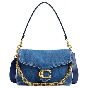 COACH ChainTabby 26 Medium Denim Shoulder Bag with Chain Handle and Snap Closure in Navy Blue for Women