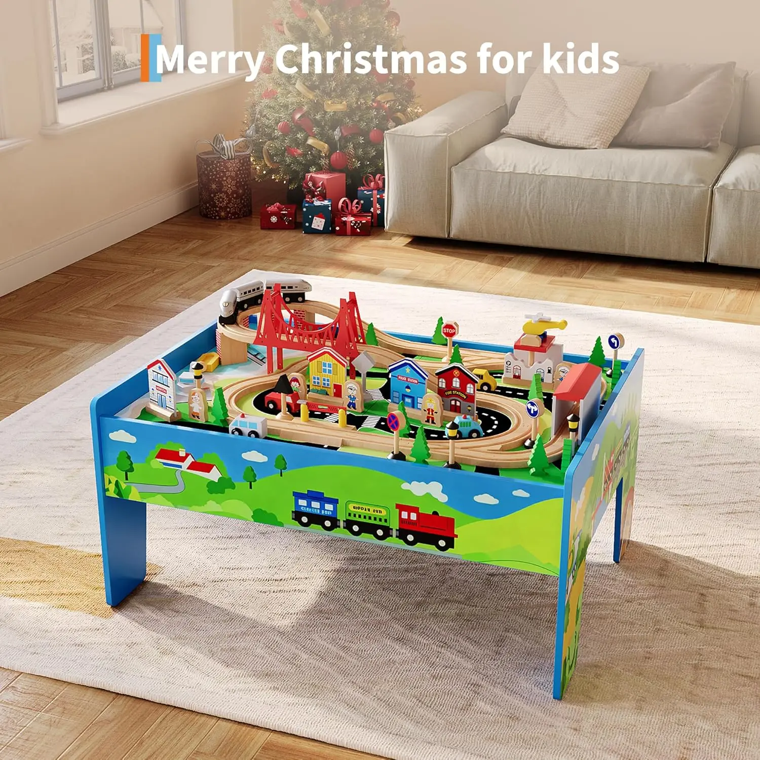 Gaomon 2-in-1 Wooden Train Table & Study Desk with Track Rail System, 80-Piece Activity Playset (Tracks, Railway, Train, City Accessories), Easy-to-Clean, Hassle-Free Assembly Toy Gift for Kids Ages 3+