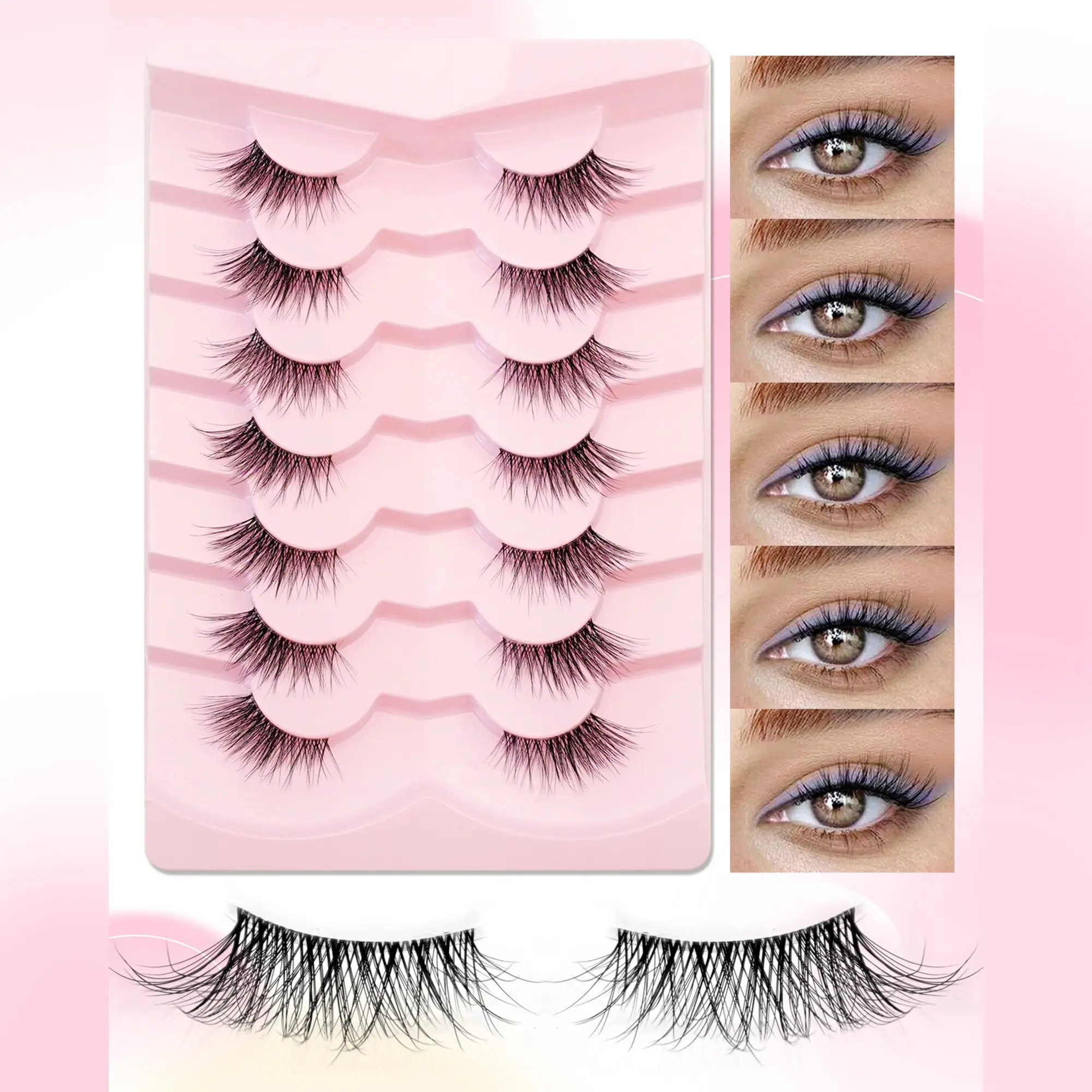 7 Pairs Half-Diamond False Eyelashes 12mm Natural Cat Eye Style, Soft Long Lash Ends, Fluffy Short Fake Mink Fur Set, High Quality Eyelashes