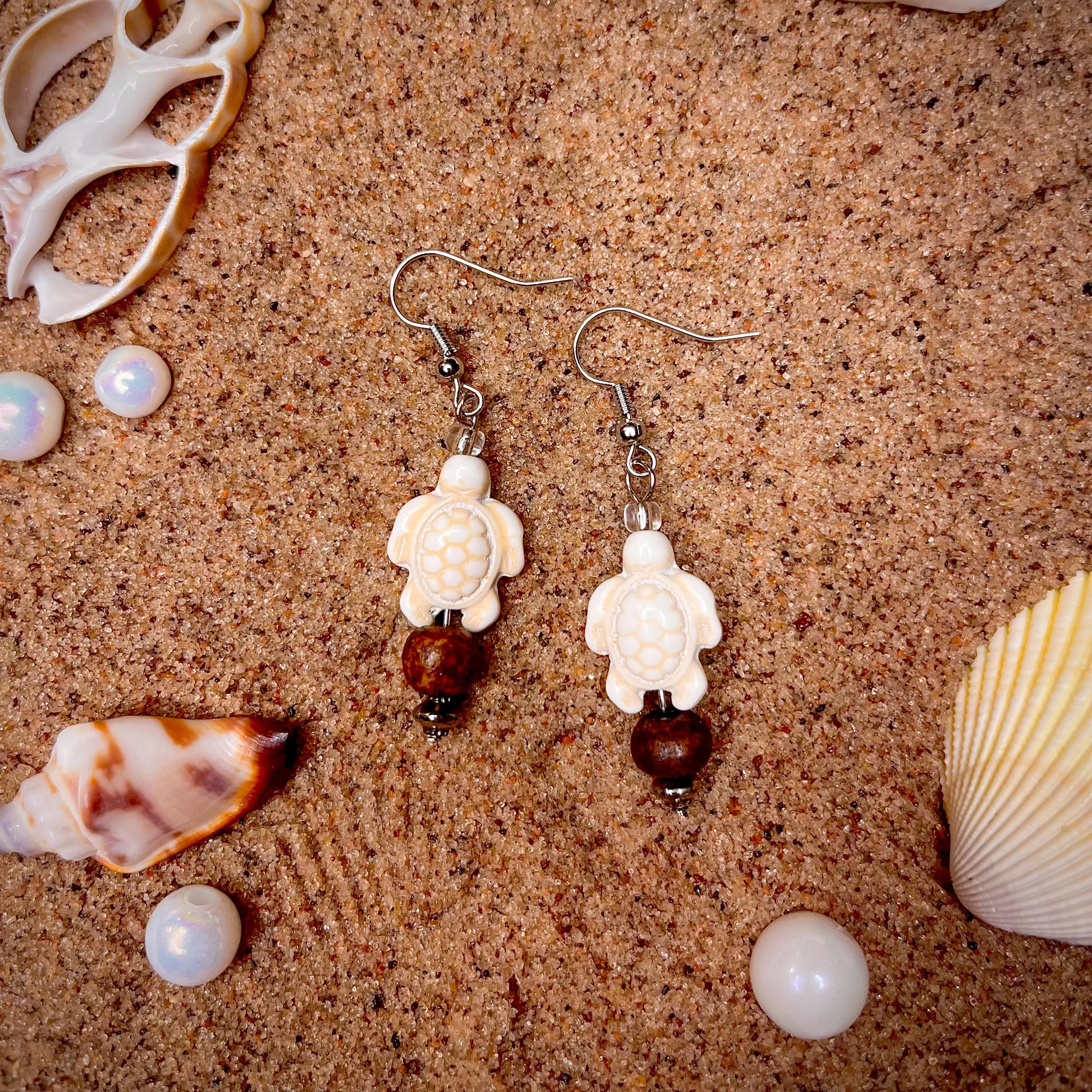 White Turtle with Wooden Bead Dangle Earrings
