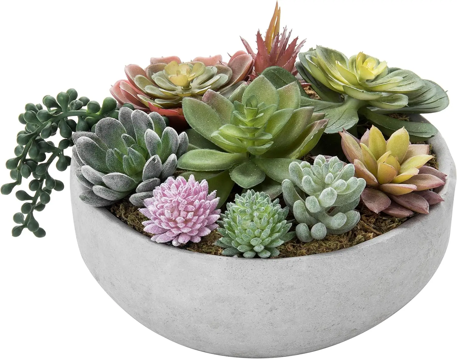 8 Inch Round Modern Artificial Succulent Arrangement Potted in Gray Concrete  Bowl, Assorted Faux Mini  in a Decorative Planter Pot