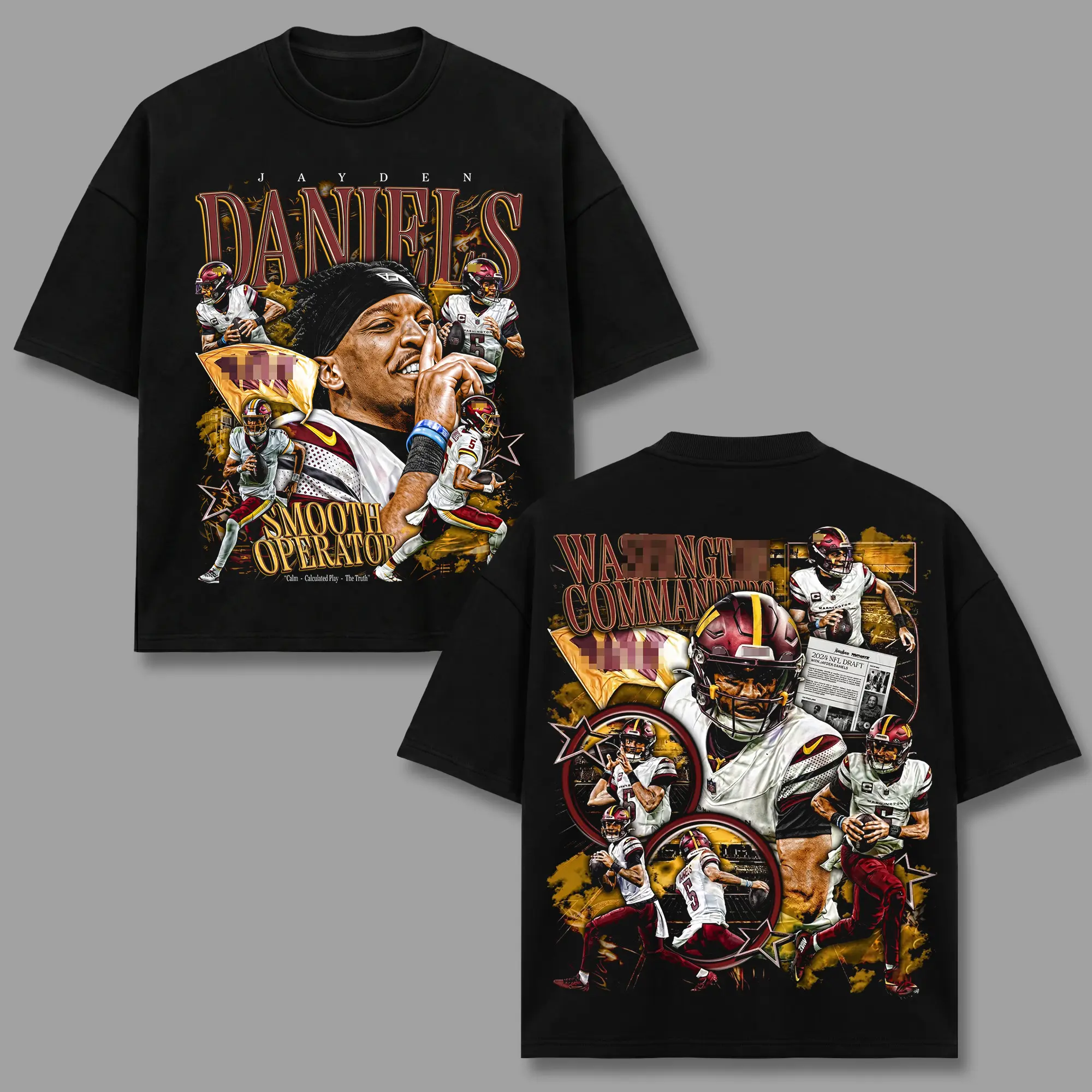 Jayden Daniels #5 T-Shirt, WAS Football Quarterback Tee, WAS Number 5 Merch, Burgundy Gold Smooth Operator Back Print Apparel, Quarterback Retro 90s Bootleg Sports Wear, Football Fan Heritage Gift, Men Women Heavyweight Oversized Black Clothing