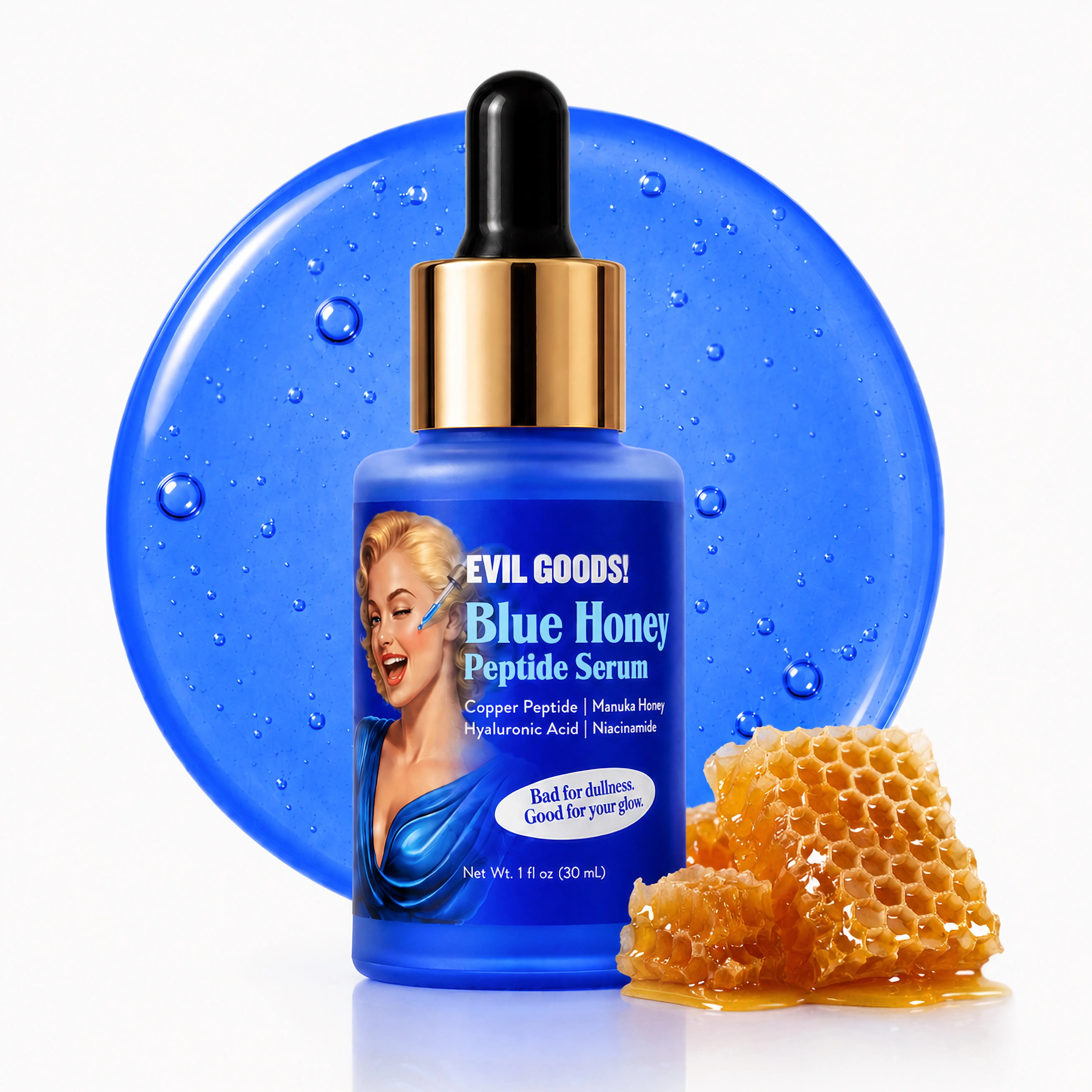 EVILGOODS Blue Honey Copper Peptide Face Serum - Daily Facial Serum for Radiant Skin with Copper Peptide, Manuka Honey & Green Tea, Morning & Evening Anti-Aging Hydration - 1 Fl Oz, Uneven Skin Tone, Gluten Free, Beauty Products, Glow Up Cream Cream Cream