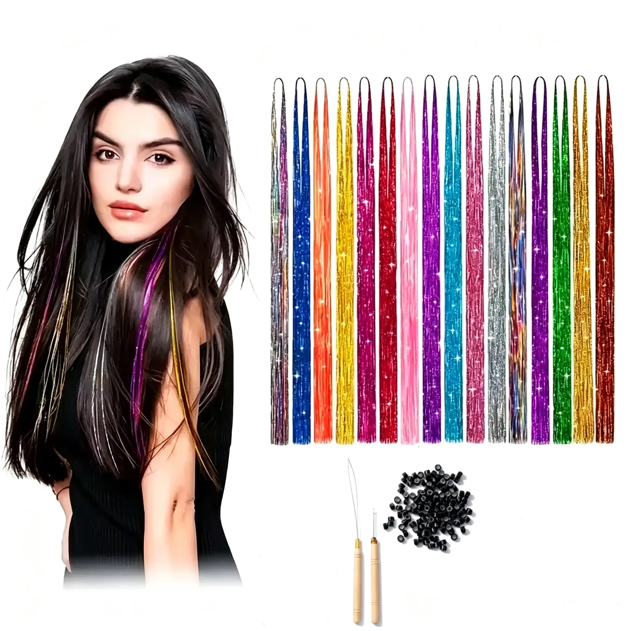 12-Color Hair Tinsel Kit, Dressy Holographic Synthetic Hairpieces for Women, Heat Resistant Glitter Tape-In Strands for Party Fashion, Synthetic Hair Hairpieces, Casual, Christmas Party, Party Wear