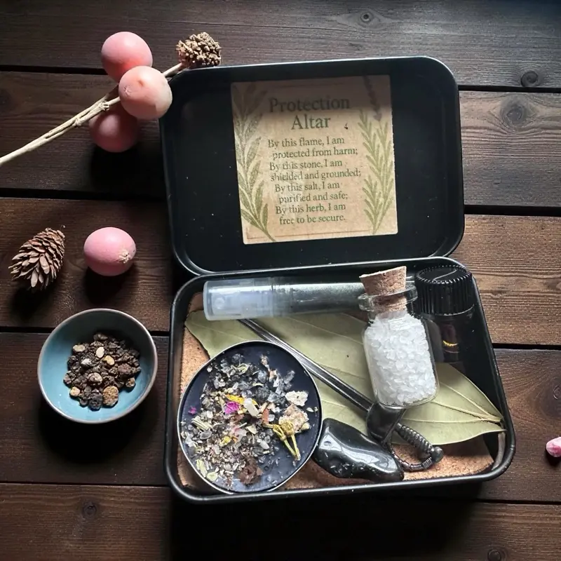 Pocket Size Compact Eco-Friendly Travel Altar Protection Kit - Gift Boxed Hinged Metal Tin Box, Leaf-Infused Storage Jar, Energy Shield, Adult Spiritual Rituals Moon-Charged Water Accessory