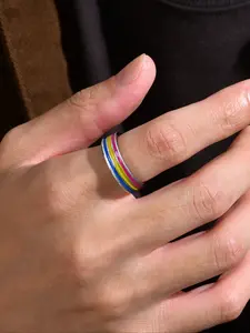 1pc Fashionable Rainbow Striped Stainless Steel Ring, Statement Multi Ring, Men's Style, Can Be Used As A Gift or Proud Moon Decoration