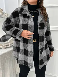 Plus Size Colorblock Fleece Jacket Coats Outerwear, Plaid Pattern Check, Loose-Fit Design, Casual Button Front, Chic, Perfect for Fall Winter, Non-Sensitive Goods