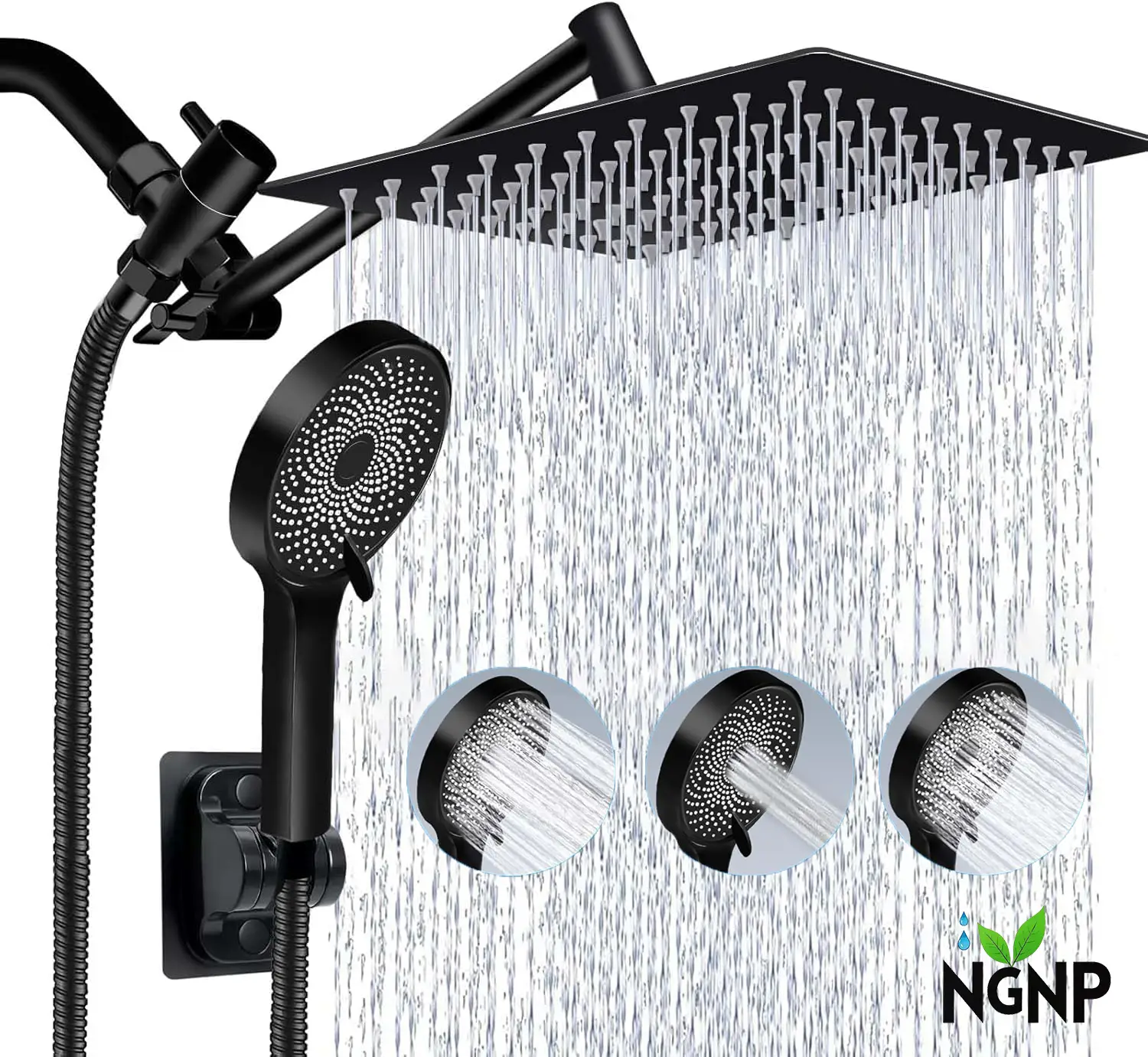 NGNP Shower Head,10 Inch High Pressure Rain Shower Head with Handheld Spray Combo, Adjustable Dual Rainfall Shower Head - Showerhead Comb Set with Ext