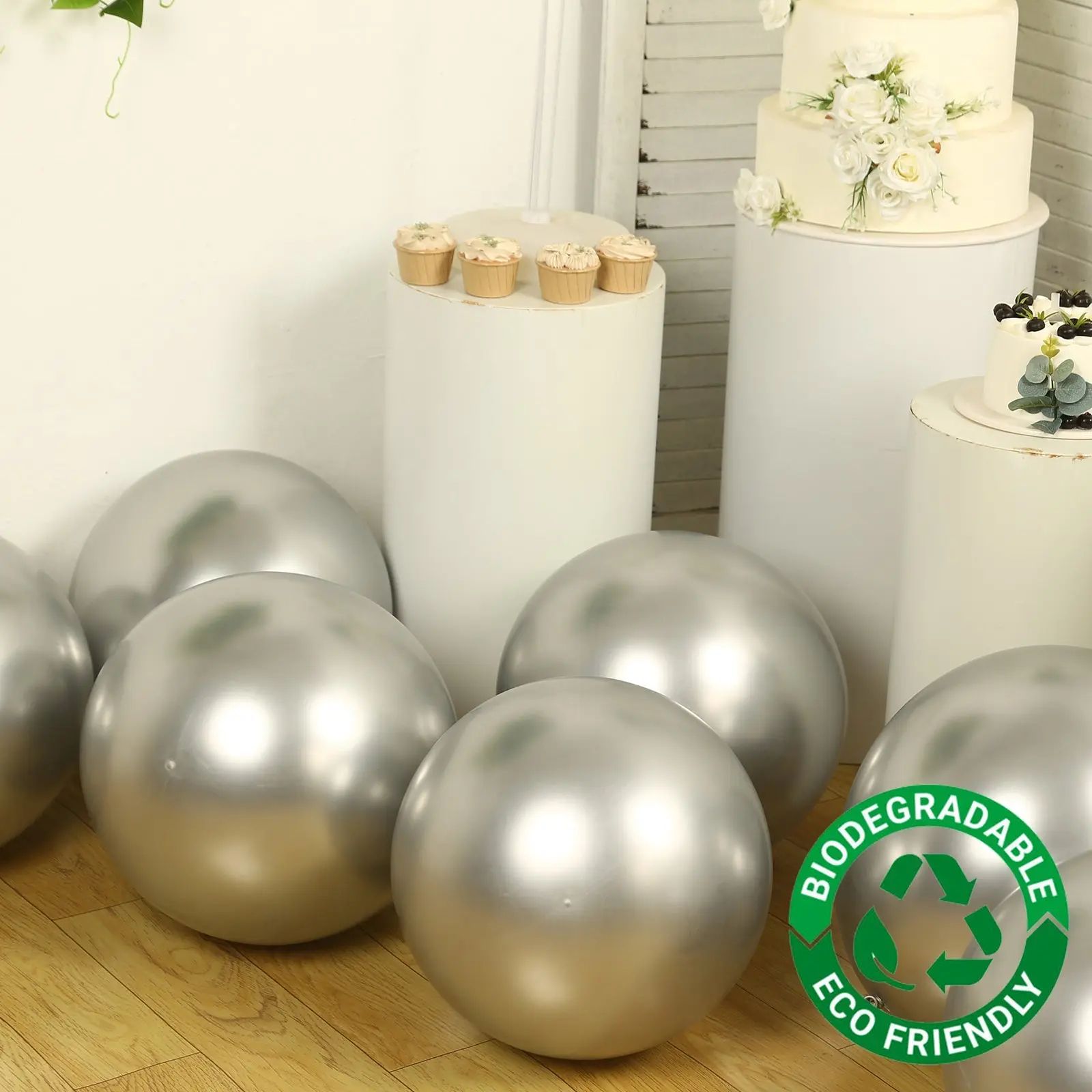 10-Pack Silver Biodegradable Balloon Set, 18" Thick Extra-Strong Eco-Friendly Latex Helium Balloons for Birthday Party