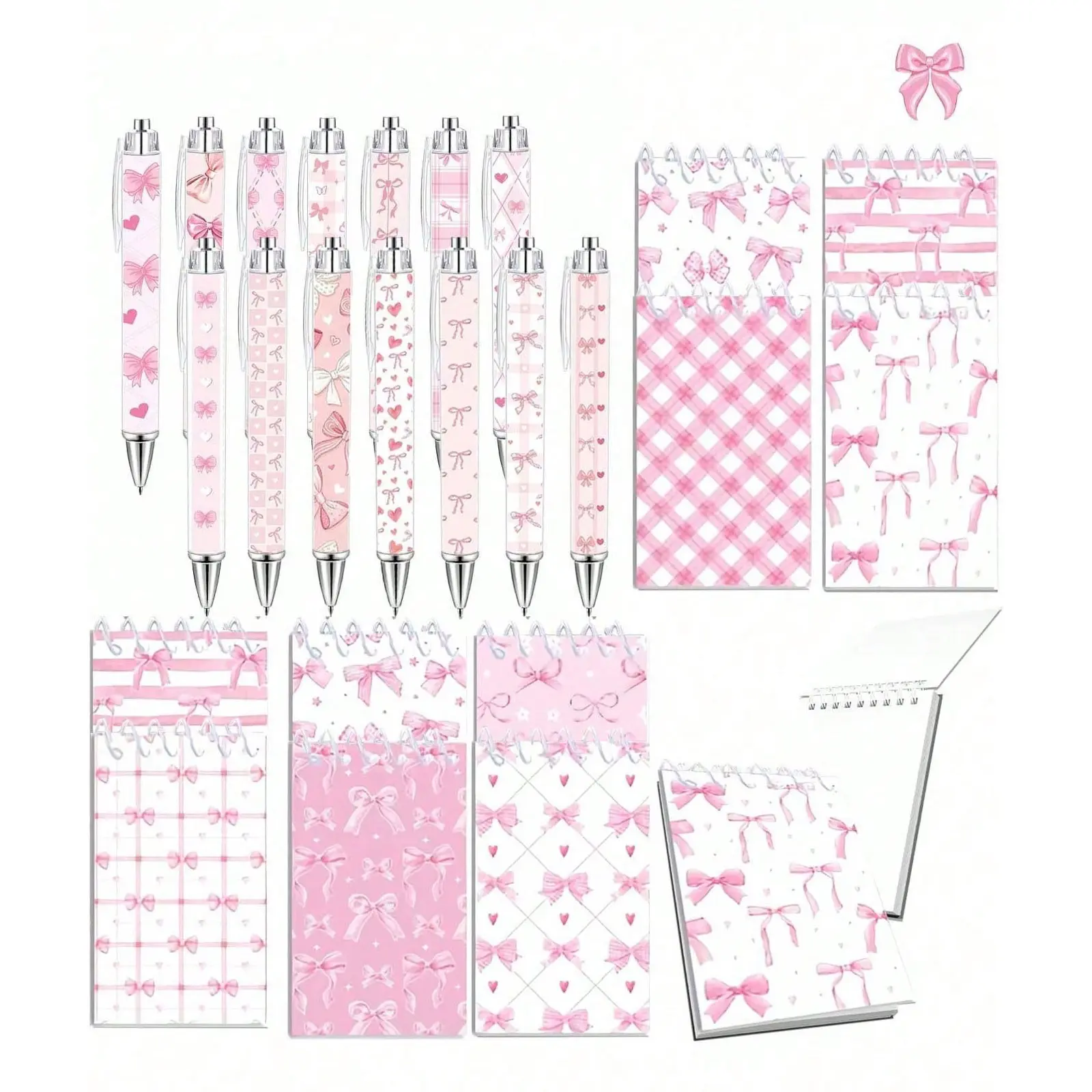 16-Piece & Bow Notebook Diary Set, Cute Pocket Notebooks & Pens, Writing Stationery, Includes Ballpoint Pen, Party Gift, Office Supplies, Bow Theme, Aesthetic Notebook, Kawaii Stationery