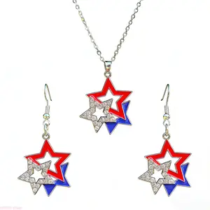Y2K Independence Day Star Flag Jewelry Set, Red White Blue Earrings And Necklace Matching Kit, Trendy Street Style Patriotic Accessories For 4th of July Party Daily Casual Outfit fathersdaygift