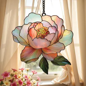 Peony Acrylic Suncatcher Birth Flower Faux Stained Glass Suncatcher Flower Window Hanging Birth Flower Birthday Gift Christmas Gift for Her, Bookish Home Decoration