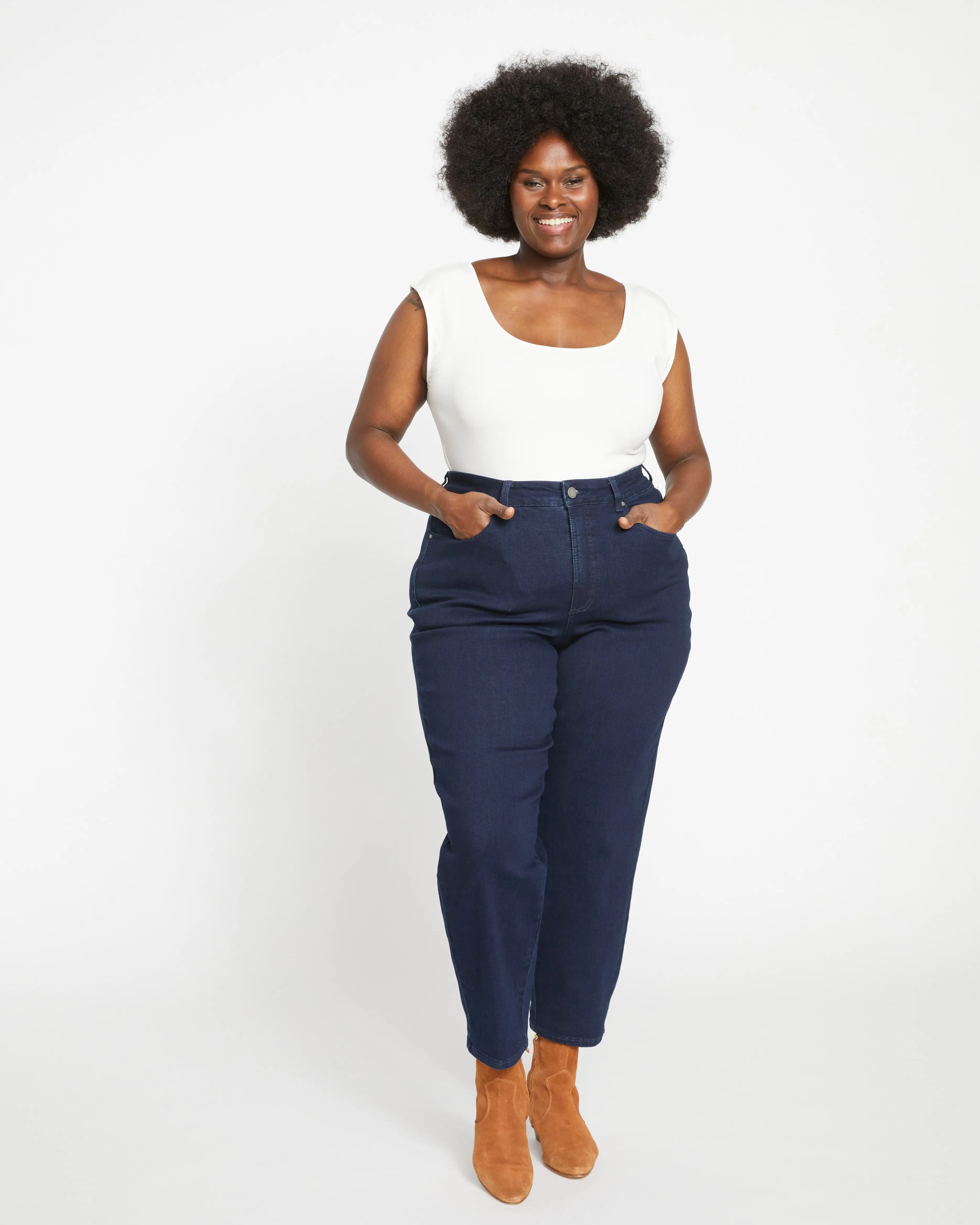 Women's Dark Indigo Dylan High-Rise Tapered Leg Fitted Stretch Jeans - 29-in Invisible Stretch Denim Bottoms for Daily Wear, Women's Clothes