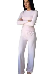 Comfortable Lose Fit Long Sleeve T-Shirt Top Flared Lose Fitting Pants Lounge Set Womenswear