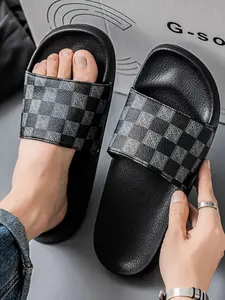 Men's Checkered Pattern EVA Slides, Casual Comfortable Non-slip Slippers, Open Toe Shoes for Indoor Outdoor Beach Shower