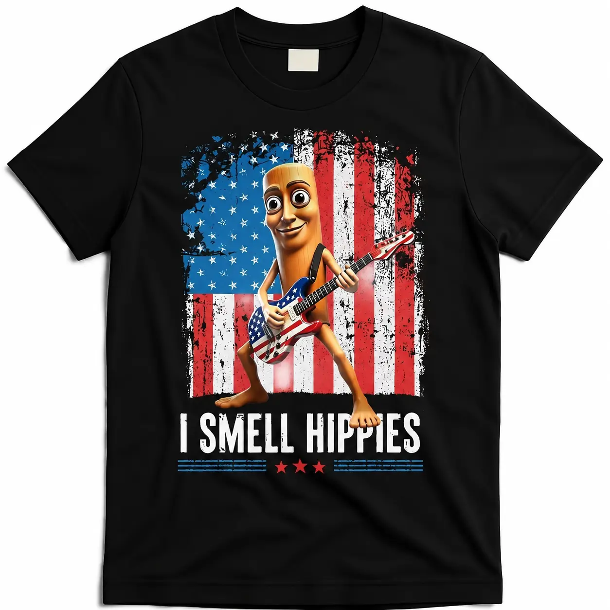 Funny Patriotic Hotdog Playing Guitar Shirt | TungTungTung Sahur Vibe "I Smell Hippies" Distressed US Flag Tee for Men, 250th Fourth of July Crewneck