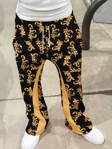 Men's American Streetwear Baroque Print Flared Trousers, Casual Slim-Fit Long Pants, Drawstring Waist, All-Season Fashion
