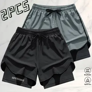 2-pack men’s double-layer anti-exposure quick-dry athletic shorts, outdoor running style, breathable quick-drying skin-friendly fabric that stays cool and wicks sweat without feeling sticky, elastic drawstring waistband fits various waist sizes, double-la