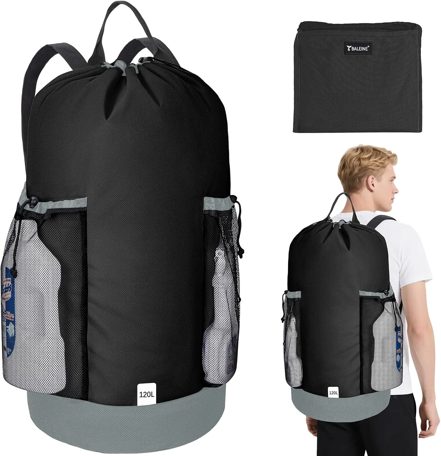 BALEINE 120L Laundry Backpack, 900D Oxford Fabric Bag with Shoulder Straps and Mesh Pockets