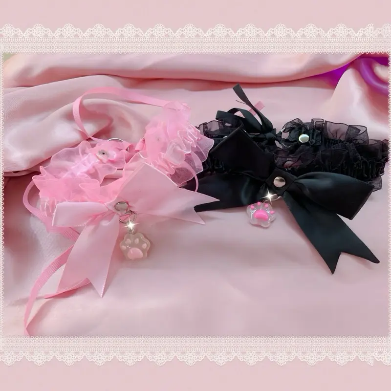 Kawaii Kitten Puppy Core Jfashion Coquette Dollette Frilly Lace Lolita Collar Choker in Pink & Black with Paw Charm