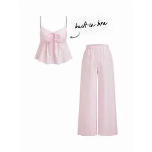 Cider Cotton-blend V-neck Stripe Bowknot Cami Top & Mid Rise Wide Leg Trousers Loungewear Set