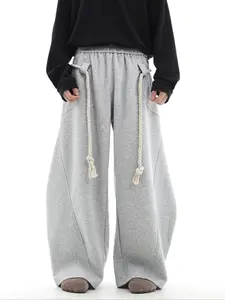 Men's Fashion Waist Cord Detail Knife Cut Wide Leg Pants, Casual Slant Pocket, Casual Street Style Long Pants, Loose Fit, Valentine's Day Gift, Casual Street Trousers