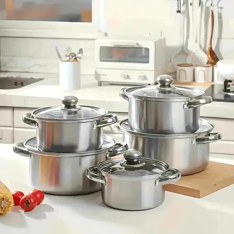 Stainless steel High Quality Cookware pot set (5 pots + 5 lids), ideal for home and restaurant cooking, outdoor, dormitory, camping, dishwasher cleaning, compatible with all stove types, essential camping kitchen tools