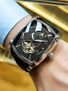 Men's Mechanical Watch with Moon Phase Display, Leather Band, Analog Barrel Dial, Automatic Movement, Casual Style Gift Watch, Leather Strap Watch