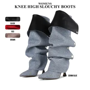 CYNLLIO Knee High Boots Women Pointed Toe Stiletto Heel Slouchy Boots Zipper Closure Slip on Silver Rivets Motorcycle Casual Wide Calf Dress Fall Winter Shoes Deals For You Days