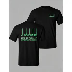 🏌️🎁[Summer Outfit][Golf Tee]Men’s Golf Graphic Tee – "Life Is Full Of Important Choices" Front & Back Print, Golf Club Design Long Round Neck T-Shirt, Casual Cotton Menswear, Father’s Day Gift for Golfers & Sports Fans
