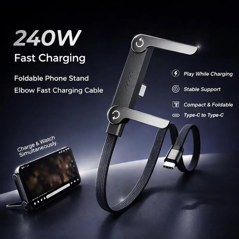 240W Super Fast Charging 2-in-1 Type-C Cable with Hidden Invisible Stand, Multi-Purpose Phone Holder Cord for Mobile Phones, Gaming, Travel, Black