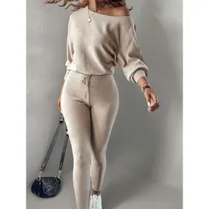 2 Pieces Casual Suit Long Sleeve Pullover Drawstring High Waist Pants Suit Sportswear