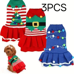 3Pcs/Set Dog Sweater Christmas Clothes Winter Warm Pet Clothing For Small Medium Dogs Reindeer Santa Claus Jacket Skirt Xmas Holiday Pet Apparel Fashion Sporty
