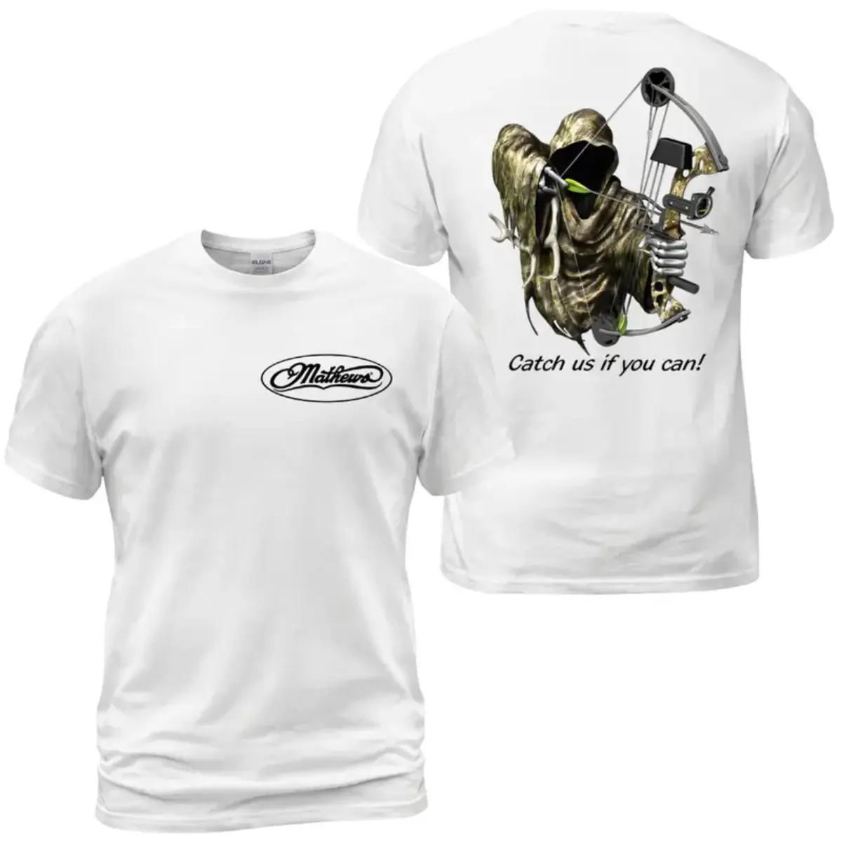 Mathews Archery Grim Reaper Short-Sleeve T-Shirt - Catch Us If You Can Bow Hunter Graphic, Patriotic Compound Bow Hunting Apparel, USA-Made Casual Top for Men