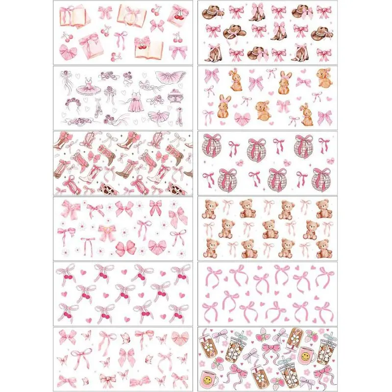 12 Sheets Coquette UV DTF Cup Wrap Stickers Pink Bow UV DTF Cup Wraps Transfer Stickers for DIY Craft Decorations for 16 oz Glass Water Bottle (Lovely) Crafts Cup Stickers