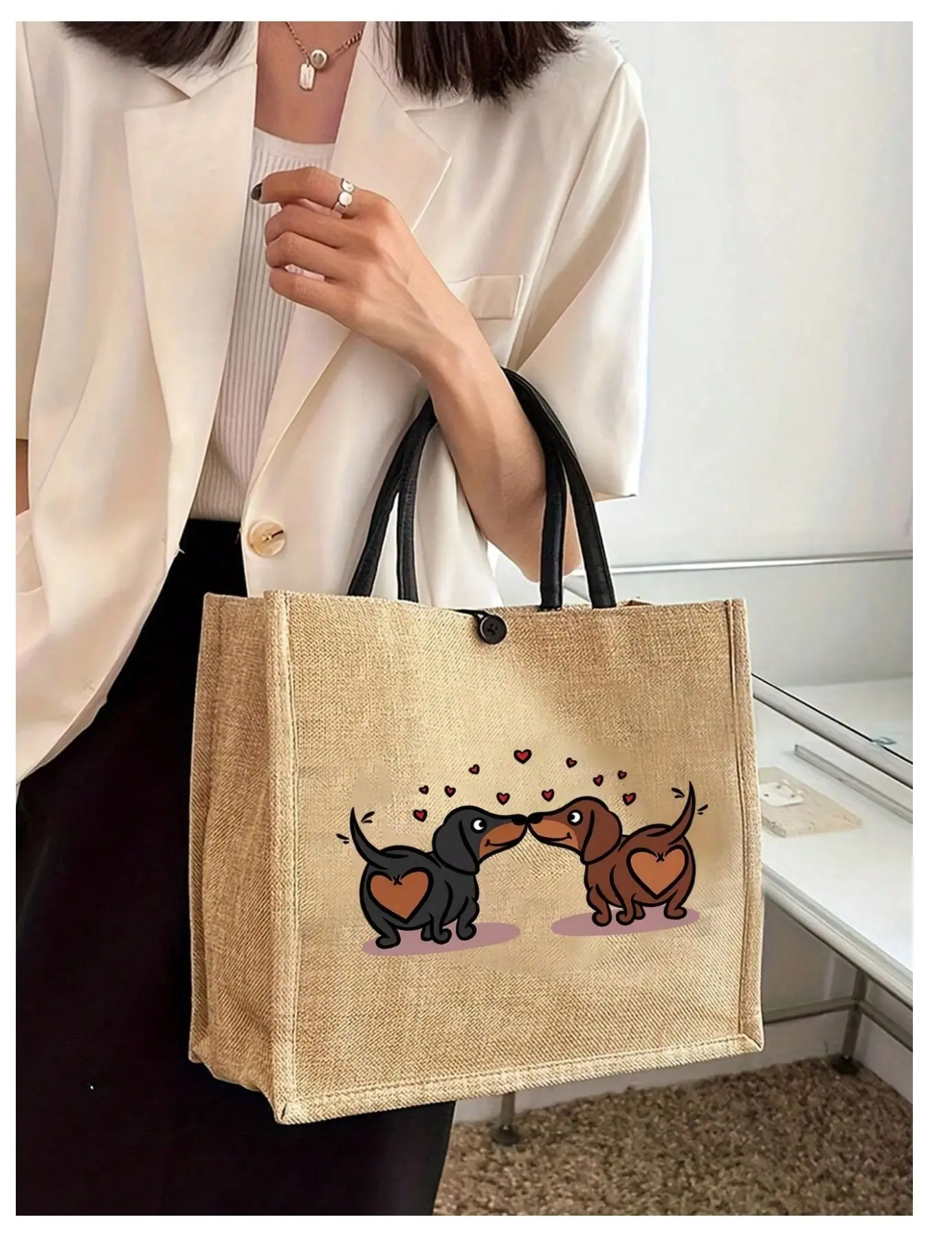 2pcs/Set Cute Dachshund Dog Print Jute Animal Tote Bag With Wristlet Pouch, Bag For Women