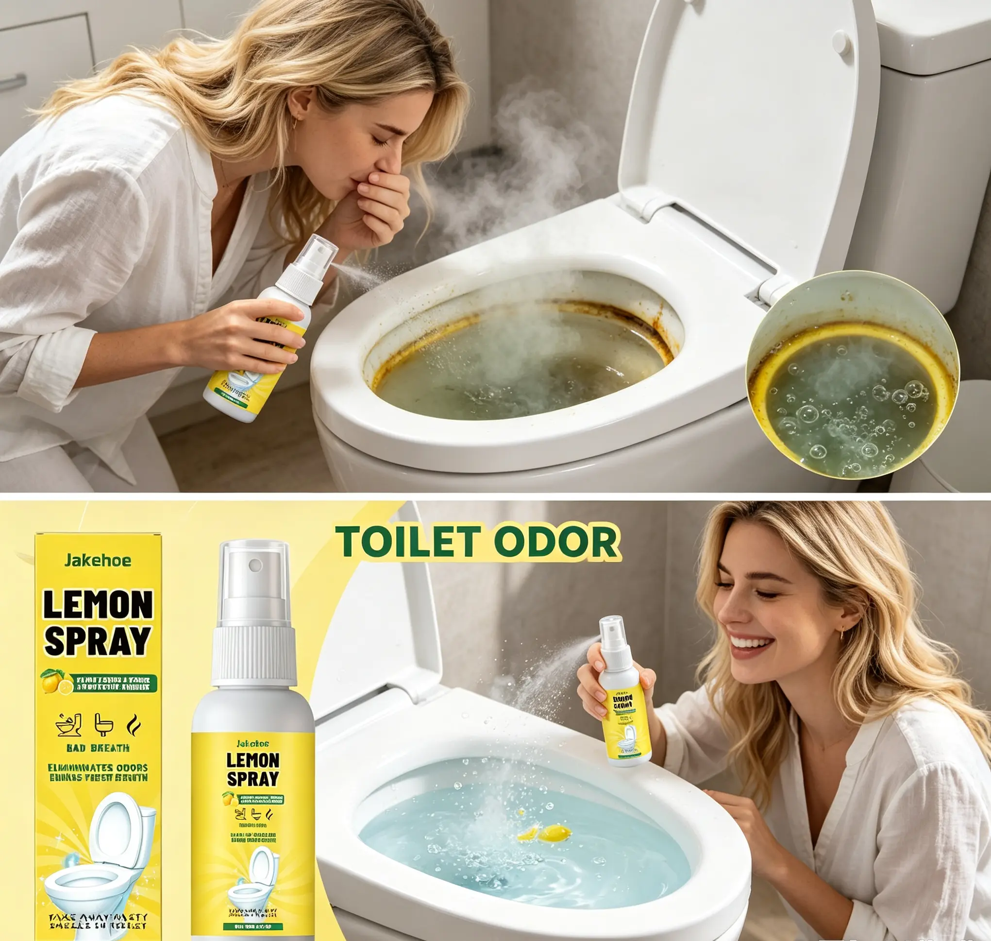 Lemon-scented toilet deodorant spray, odor remover and bactericide for lavatories and toilet bowls, bathroom air freshener