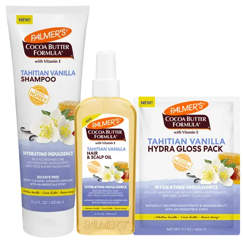 Palmer's Cocoa Butter Formula Tahitian Vanilla Moisture Drenching Hair Care Bundle with Shampoo, Hair & Scalp Oil and Hydra Gloss Pack for Hydrated, Shiny and Healthy-Looking Hair