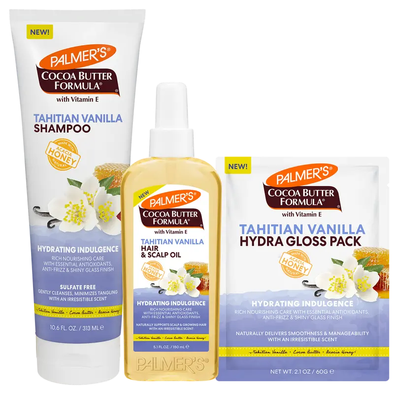 Palmer's Cocoa Butter Formula Tahitian Vanilla Moisture Drenching Hair Care Bundle with Shampoo, Hair & Scalp Oil and Hydra Gloss Pack for Hydrated, Shiny and Healthy-Looking Hair