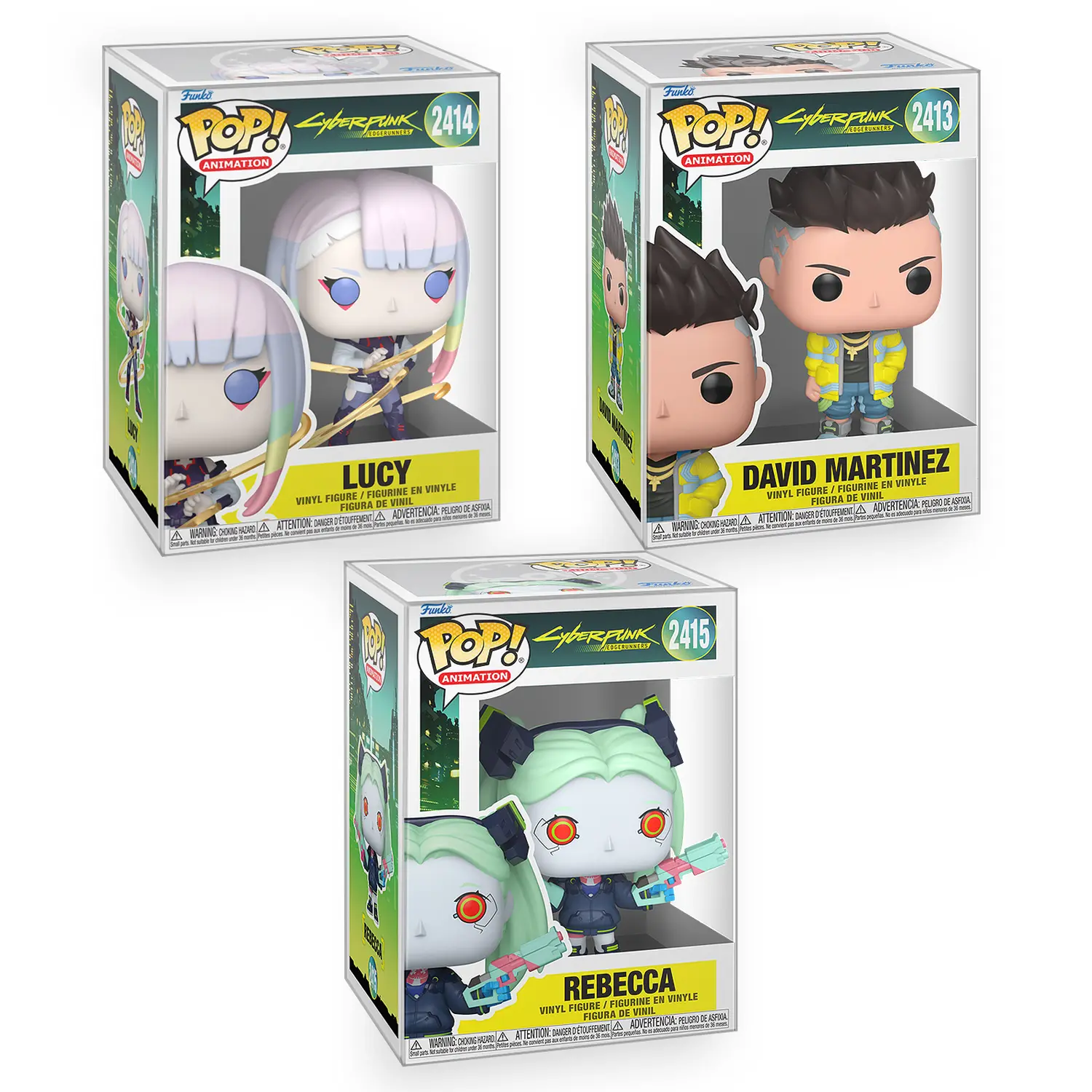 Funko POP Cyberpunk: Edgerunners - Set of 3 - Rebecca, Lucy and David Martinez Vinyl Figure with Epic Collectibles Premium Box Protector Included