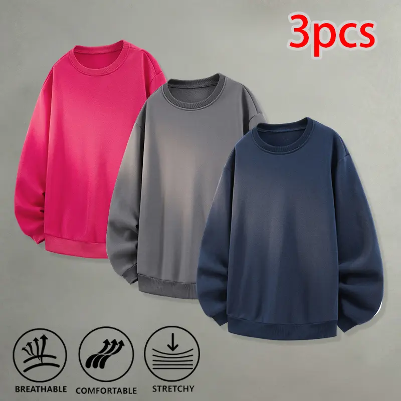 3-pack multicolor crewneck pullover sweatshirts, high-stretch breathable fabric, versatile basic sweatshirt for casual office wear, camping travel, and indoor relaxation
