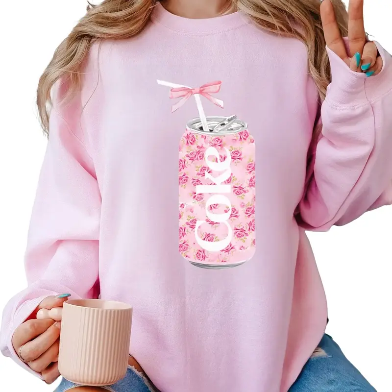 Coke Sweatshirt, Floral Coke Shirt, Cute Baby Pink Bow Tee, Trendy Soda Can With Roses, Fun Coke Lover Gift, Coquette Pink Bow Tee