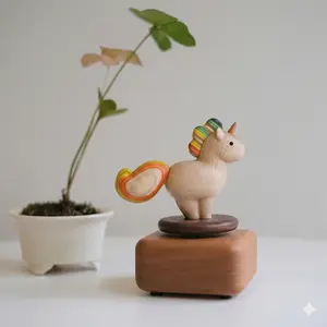 Handcrafted Wooden Unicorn Music Box Spirited Away Theme Studio Ghibli Anime Decor Cute Kawaii Desk Accessory Solid Walnut Wood Musical Toy Unique Birthday Gift for Her Kids Room Aesthetic gift for him/her Magical Colorful Ornaments