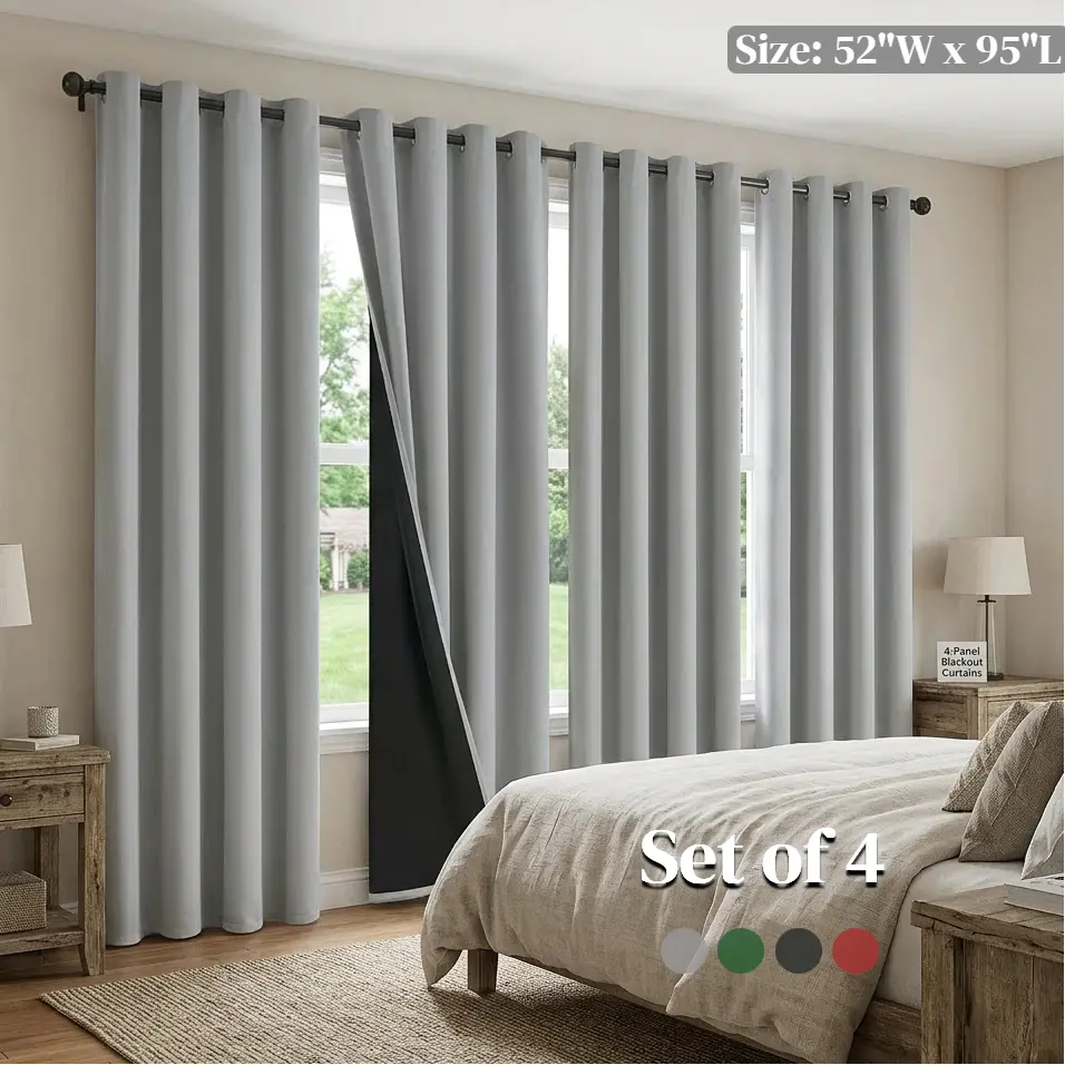 QIANLI Blackout Long Curtains 4-Panel Drapes (52"W x 95"L/1.32m), Triple-Layer Thick Durable Fabric, Wrinkle-Resistant, Dustproof, High Opacity, Thermal Insulated, Fade-Resistant Modern Curtains for Living Room, Bedroom