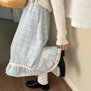 Japanese Sweet Long Skirt Women Fall Winter Blue Plaid Vintage Preppy Patchwork Skirts High Waist A Line Loose Casual Cute Skirt