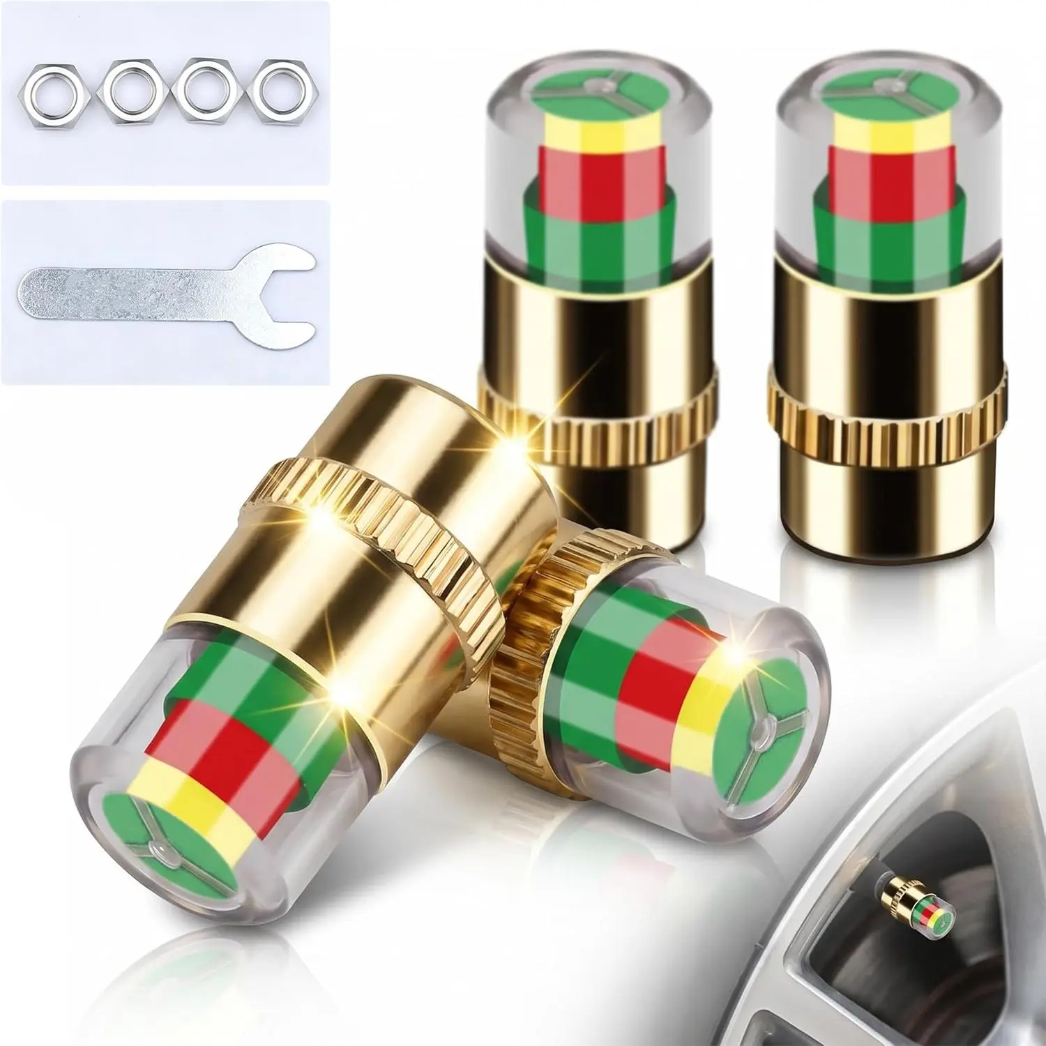 4Pcs Car Tire Pressure Monitor Valve Stem Caps - 3-Color Eye Alert Sensor Indicator for Car Use, Motorcycles, Bicycles - Supports Tire Pressure Monitoring, Boosts Enhanced Safety, Prevents Under-Inflation Damage, Cars, Motorcycles, Bicycles