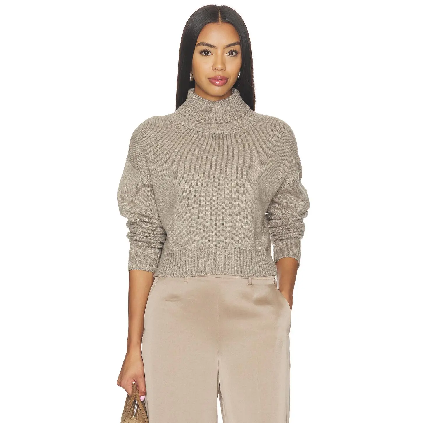 Enza Costa Cotton Cashmere Funnelneck Sweater in Taupe Heather