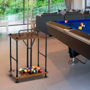 Brown Wood and Black Metal Pool Cue Stick Holder, Ball Holder, and Triangle Rack Hook Organizer Stand